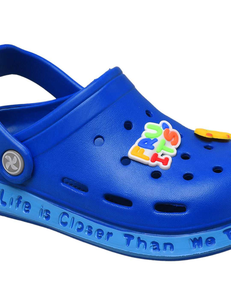 Royal Blue Kids' Clogs with Colorful Fruit and Monkey Design on Top and Comfortable Heel Strap-zoom