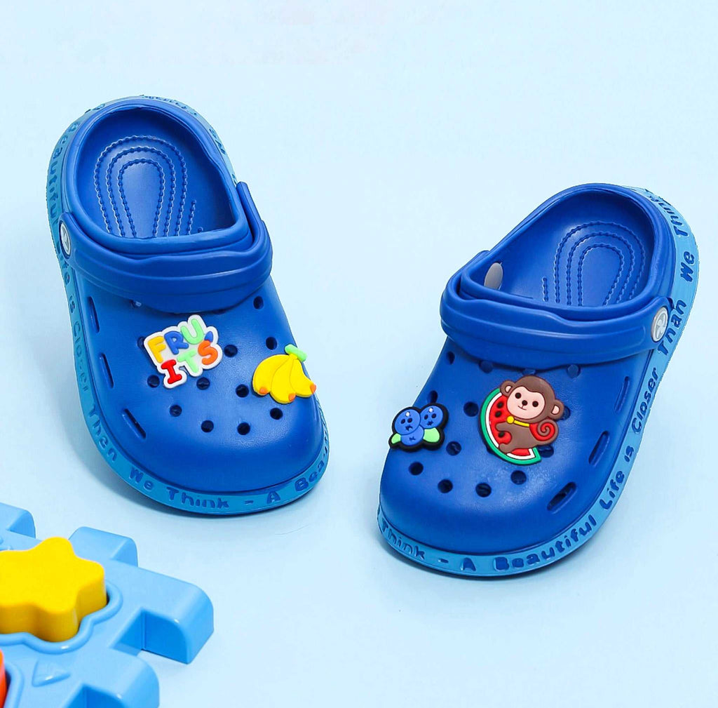 Royal Blue Kids' Clogs with Colorful Fruit and Monkey Design on Top and Comfortable Heel Strap