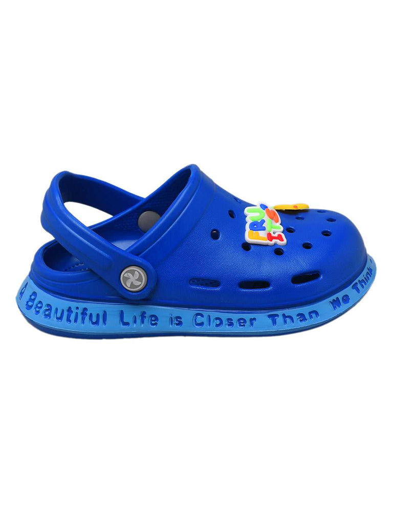 Royal Blue Kids' Clogs with Colorful Fruit and Monkey Design on Top and Comfortable Heel Strap-side2