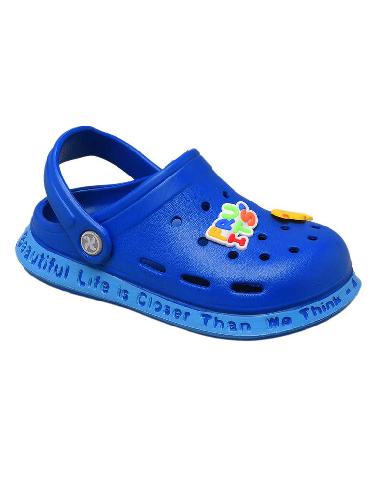 Royal Blue Kids' Clogs with Colorful Fruit and Monkey Design on Top and Comfortable Heel Strap-side