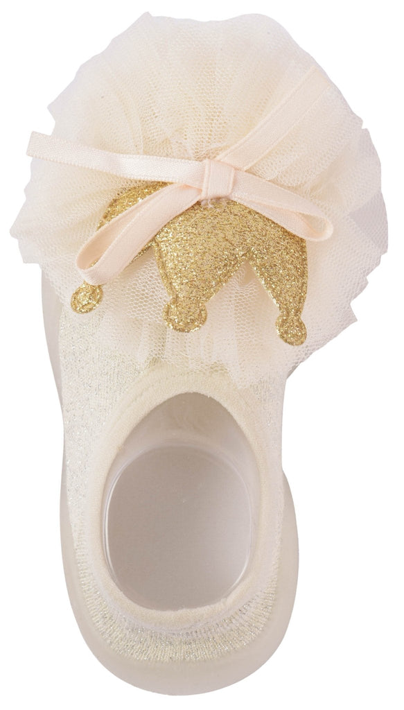Top view of Yellow Bee's luxurious crown embellished toddler shoe socks
