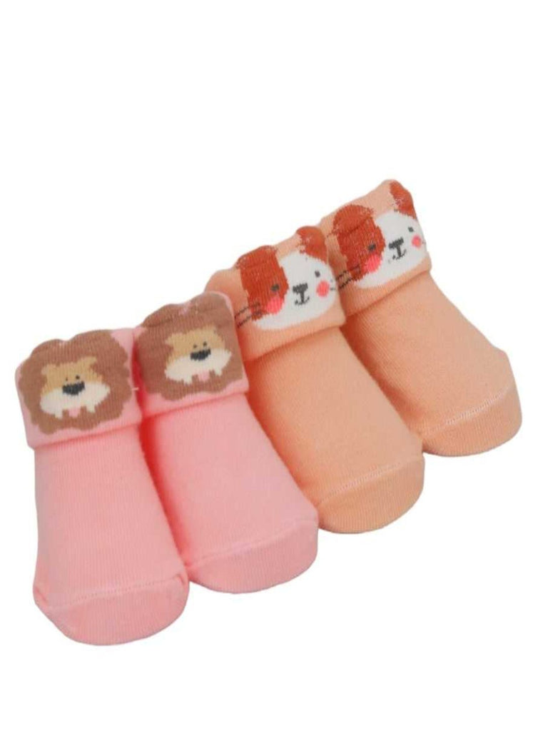 Multiple pairs of baby girl socks featuring cute animal faces, perfect for a gift set.