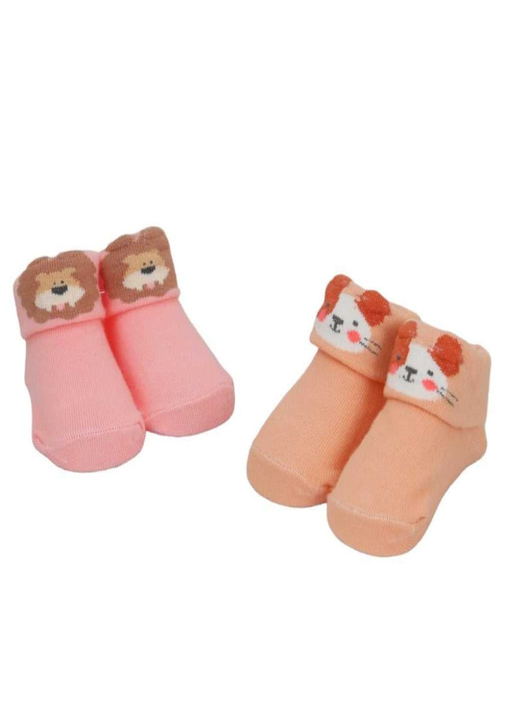 Two pairs of baby girl socks with lion and mouse motifs in pink and peach colors