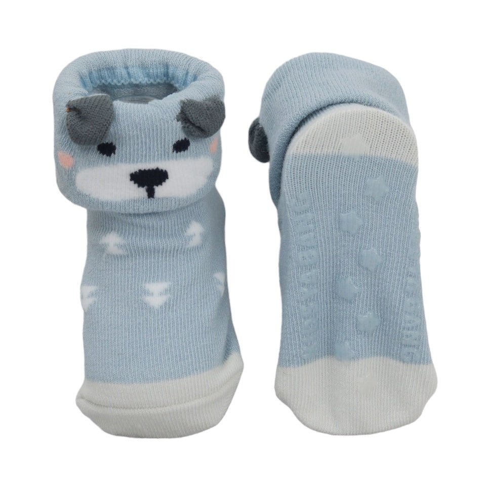 Pair of grey cat-themed anti-skid socks for baby boys.