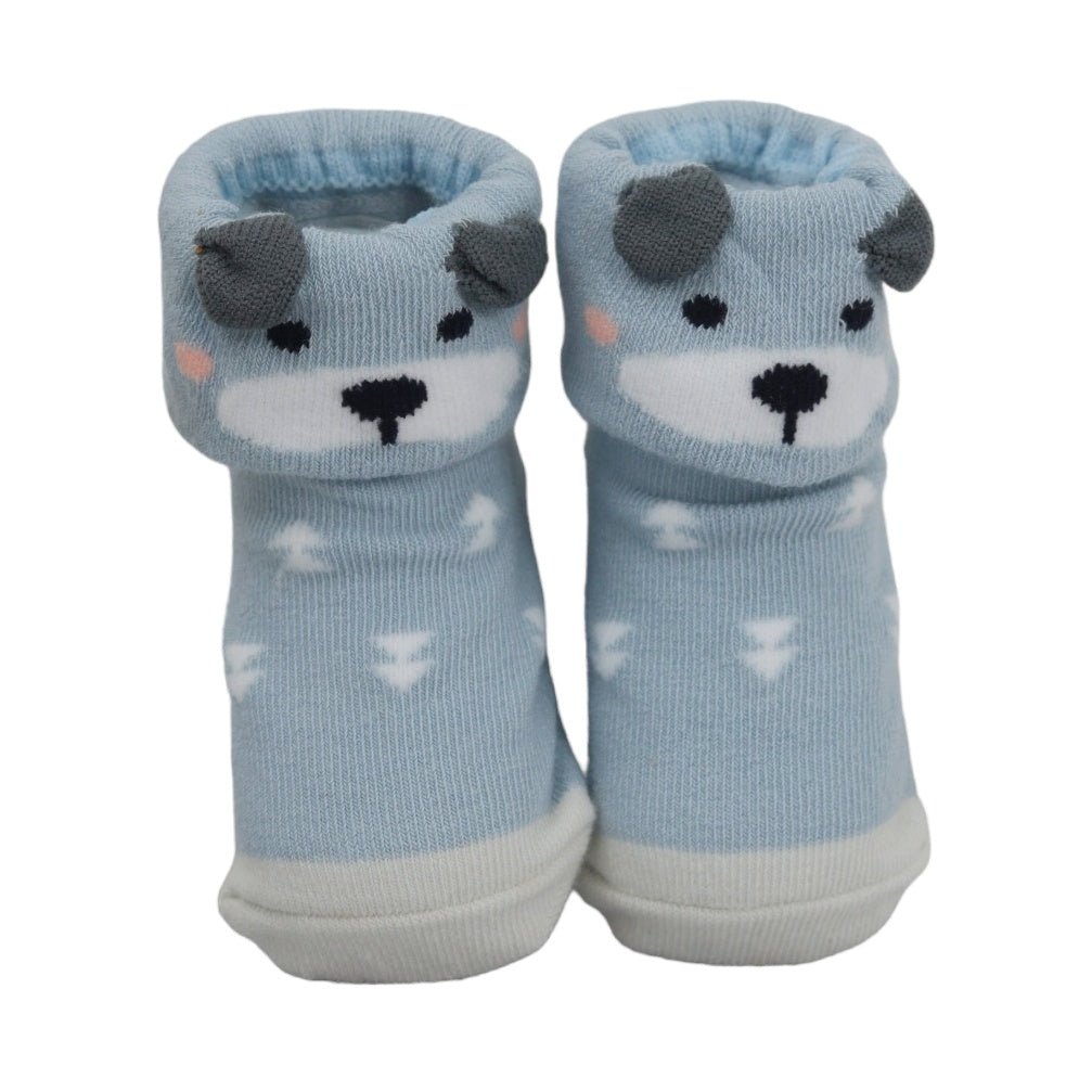 Light blue bear-themed baby socks with cloud patterns and anti-skid soles