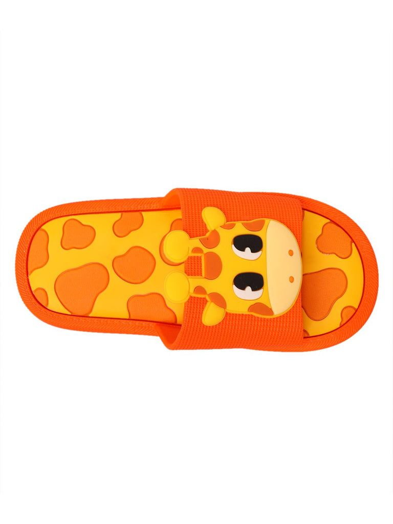 Top view of children's giraffe-themed slide sandal with orange strap and playful spots