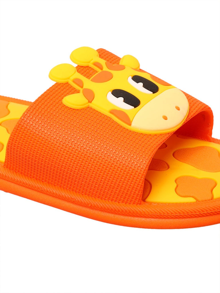 Close-up of the giraffe face on the strap of kids' orange slides