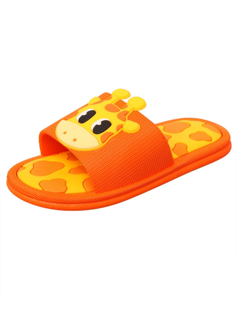 Close-up of orange giraffe-themed kids' slide with yellow and orange spotted footbed and giraffe face strap