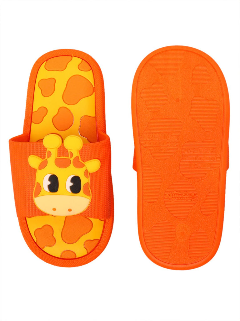 Pair of kids' giraffe slides in vibrant orange with giraffe spots and cute face details