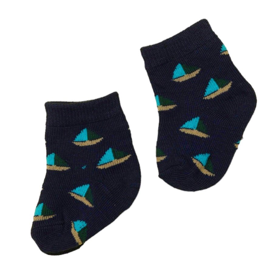 Navy baby boy crew socks featuring teal and brown boat prints