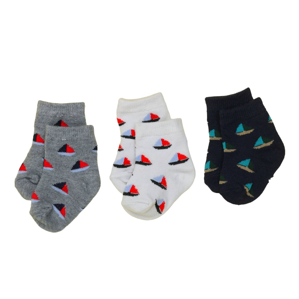 Assorted set of baby boy crew-length socks with boat prints, displayed on White background