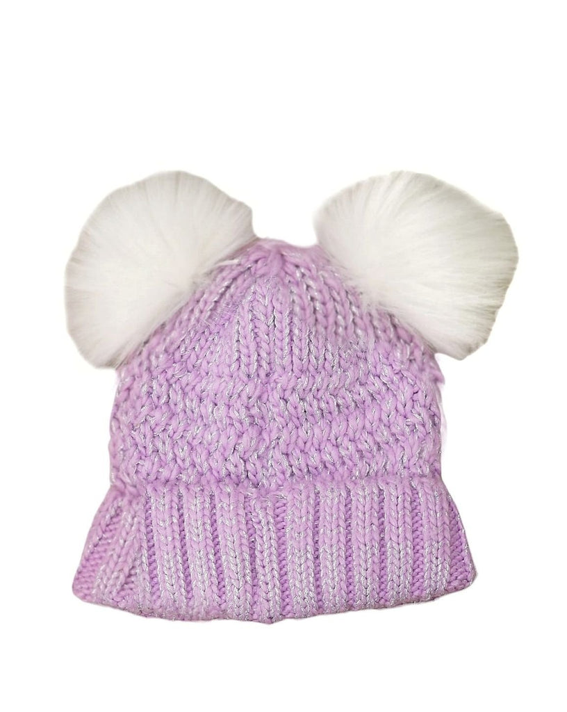 Rear view of the unicorn-themed lavender hat with pom-poms, focusing on the cozy knit texture.