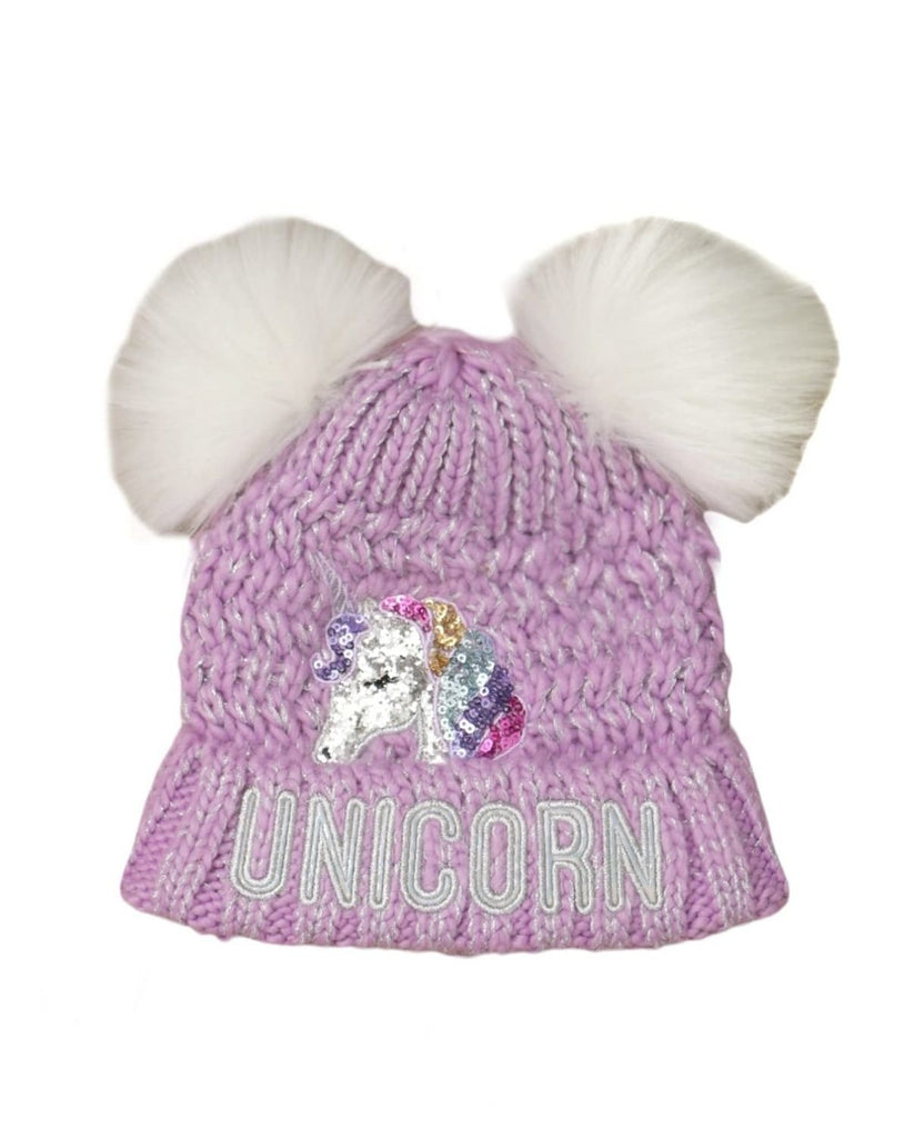 Front view of a girl's lavender hat featuring sequin unicorn detail and fluffy white pom-poms.