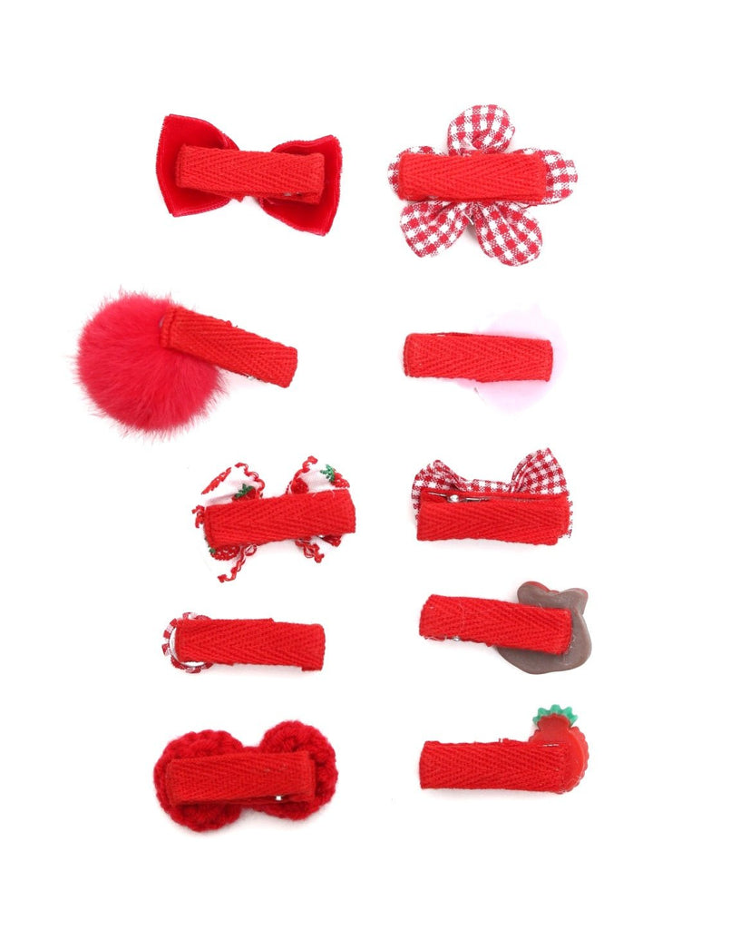 A variety of red hair clips from Yellow Bee, including bows and character-themed designs.