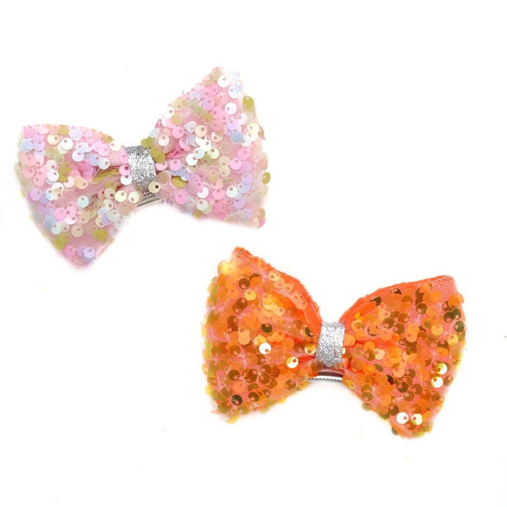 Orange And Pink  Sequin Embellished Bow Hair Clip for Girls by Yellow Bee