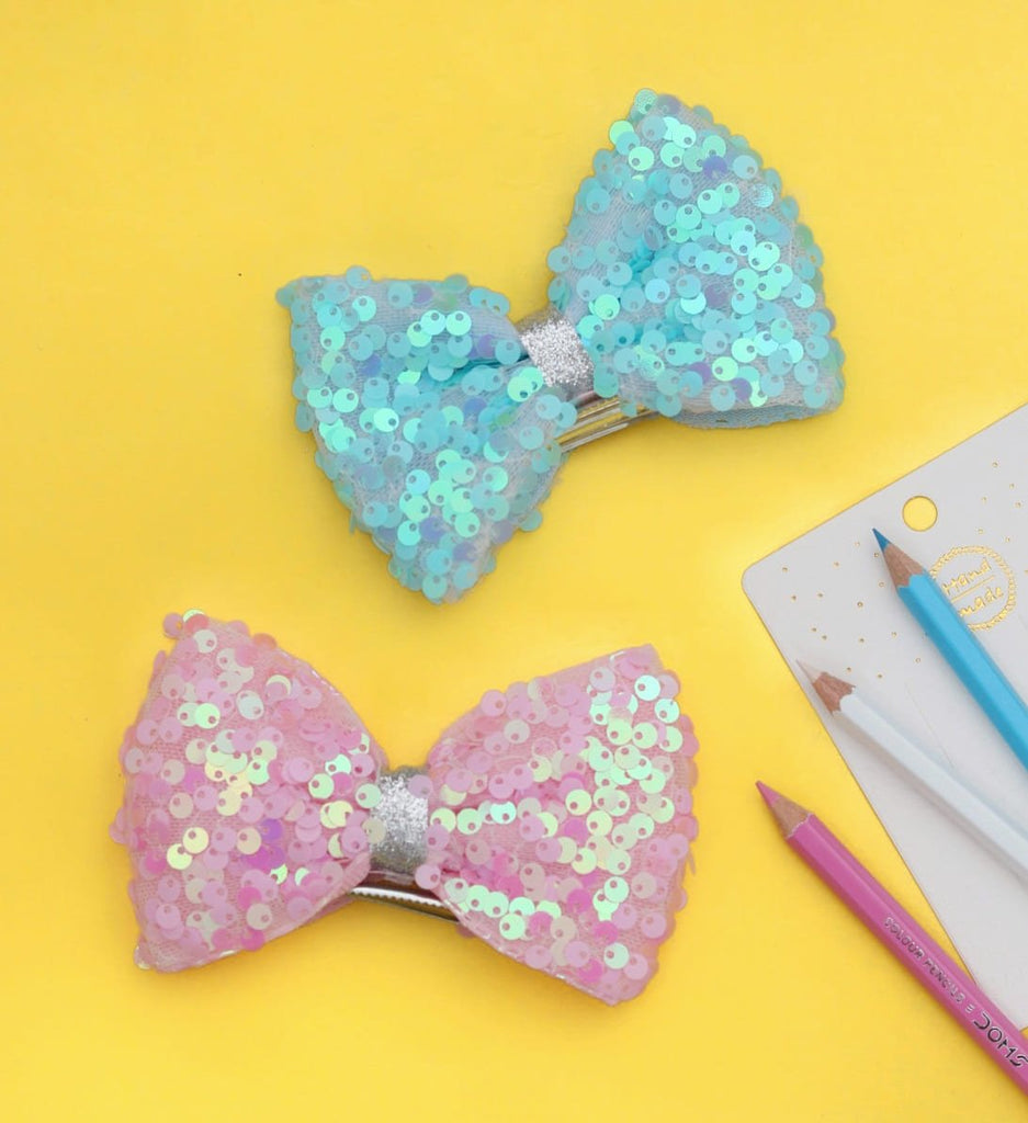 Blue And Pink Sequin Embellished Bow Hair Clip for Girls by Yellow Bee