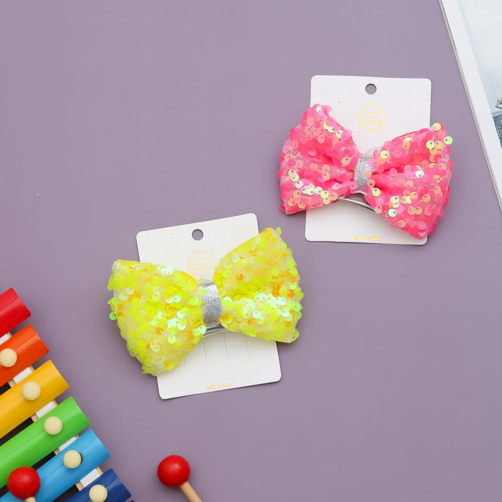 Dark Pink And Yellow Sequin Embellished Bow Hair Clip for Girls by Yellow Bee