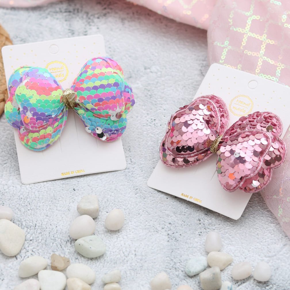 Pack Of 2 Sequin Embellished Bow Hair Clips for Girls by Yellow Bee