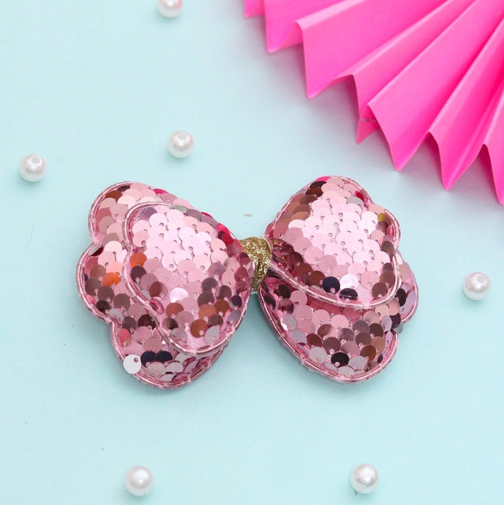  Sequin Embellished Pink Bow Hair Clips for Girls by Yellow Bee