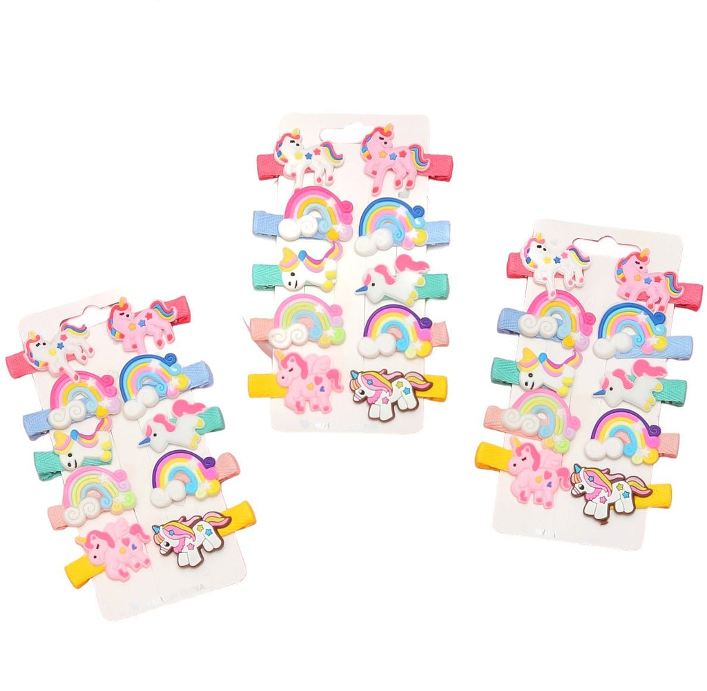 Set of Yellow Bee hair clips for girls, featuring multicolored designs on a white card