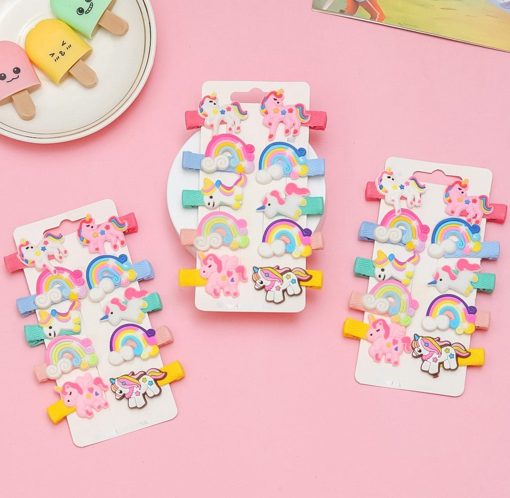 Array of playful unicorn and rainbow hair clips for girls by Yellow Bee