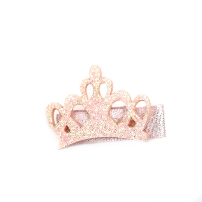 Glittering crown hair clip in pink for a royal flair by Yellow Bee, perfect for young girls.