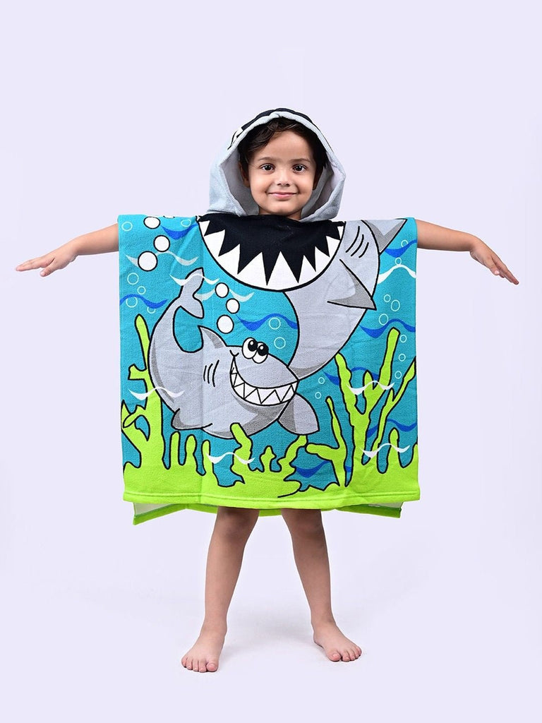 Front view of Yellow Bee Shark Hooded Poncho Towel for Boys