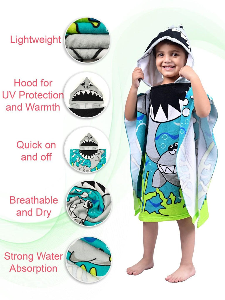 Yellow Bee Shark Hooded Poncho Towel for Boys displayed on a hook