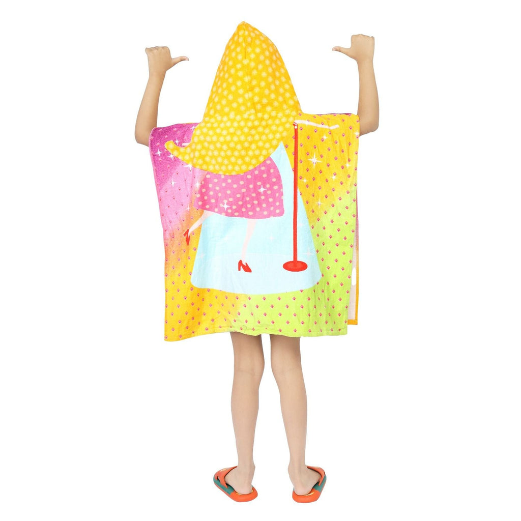 Back view of the Yellow Bee Singing Girl Hooded Poncho Towel for an imaginative post-bath time.