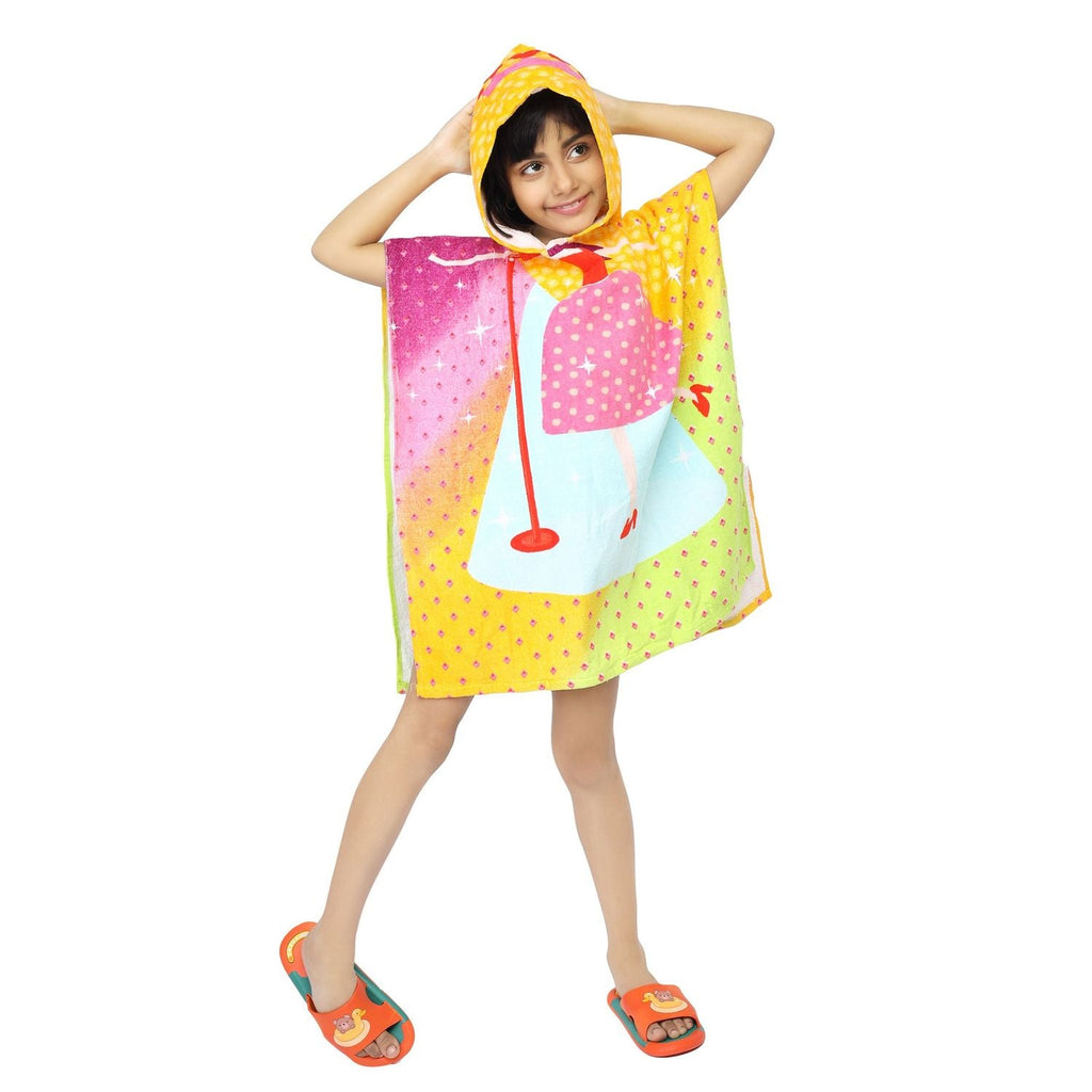 Cheerful girl wearing Yellow Bee Singing Girl Hooded Poncho Towel