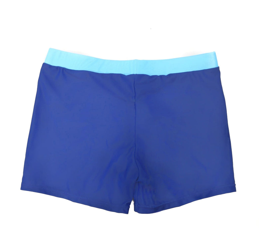 Rear view of blue boys' swim shorts featuring a light blue waistband and a snug fit, displayed on a plain background.