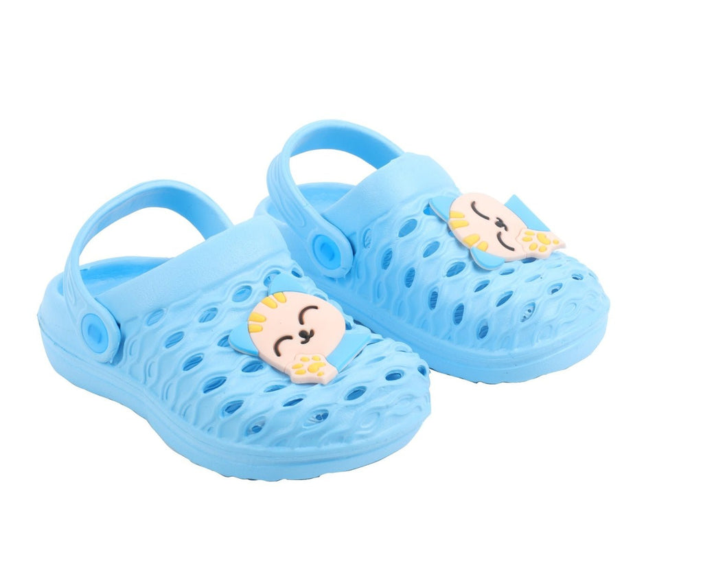 Boy's Blue Clogs with Kitty Applique by Yellow Bee - Full View