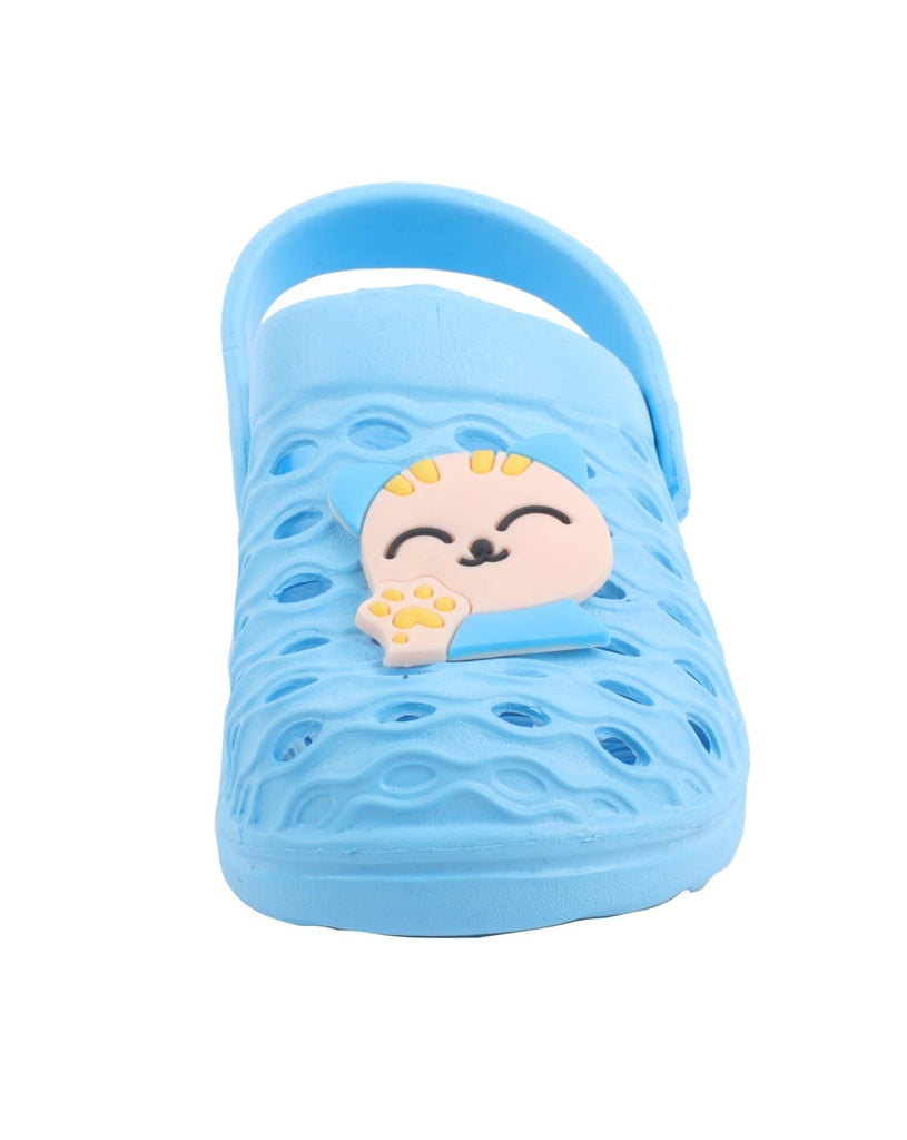 Boy's Blue Clogs with Kitty Applique by Yellow Bee - Closeup View