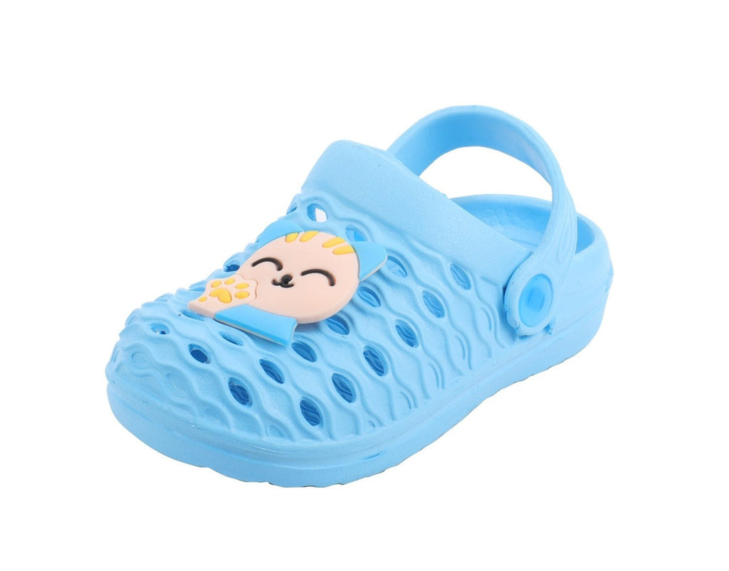 Boy's Blue Clogs with Kitty Applique by Yellow Bee - Angle View