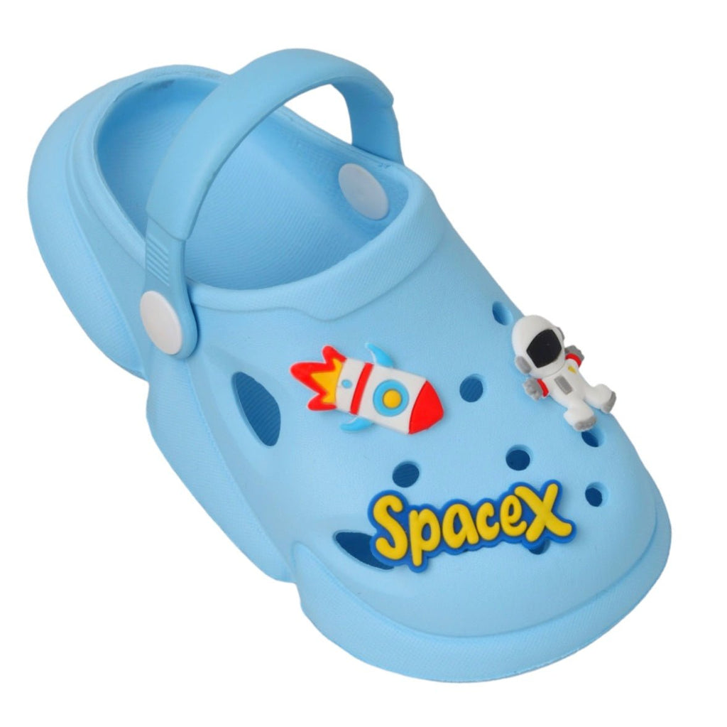 Blue space adventure clogs angled view, showing the convertible strap for flexible wear