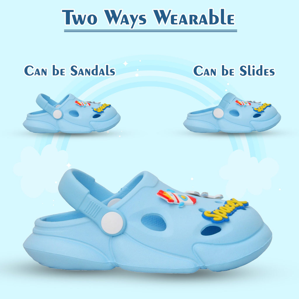 Close-up of the non-slip sole on blue space motif toddler clogs for safety and play