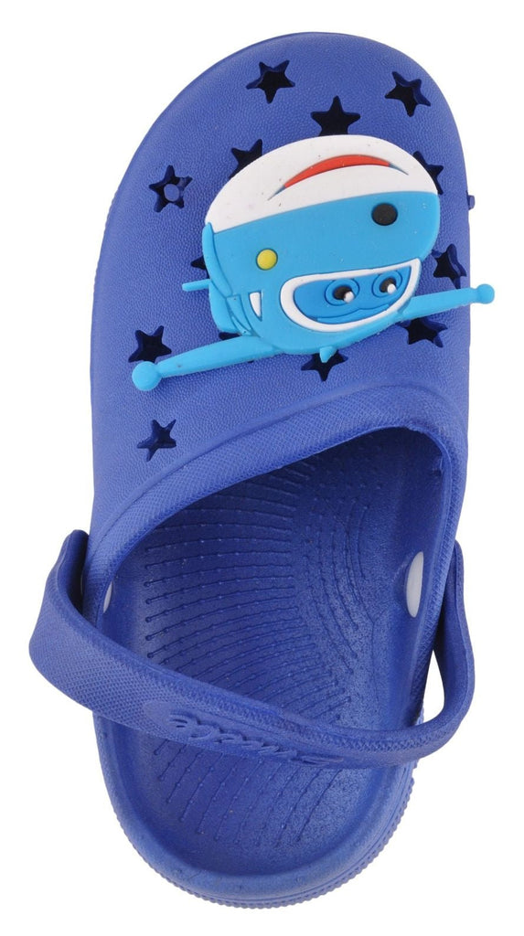 Upper View of Boys' Dark Blue Helicopter Clogs with Helicopter Motif
