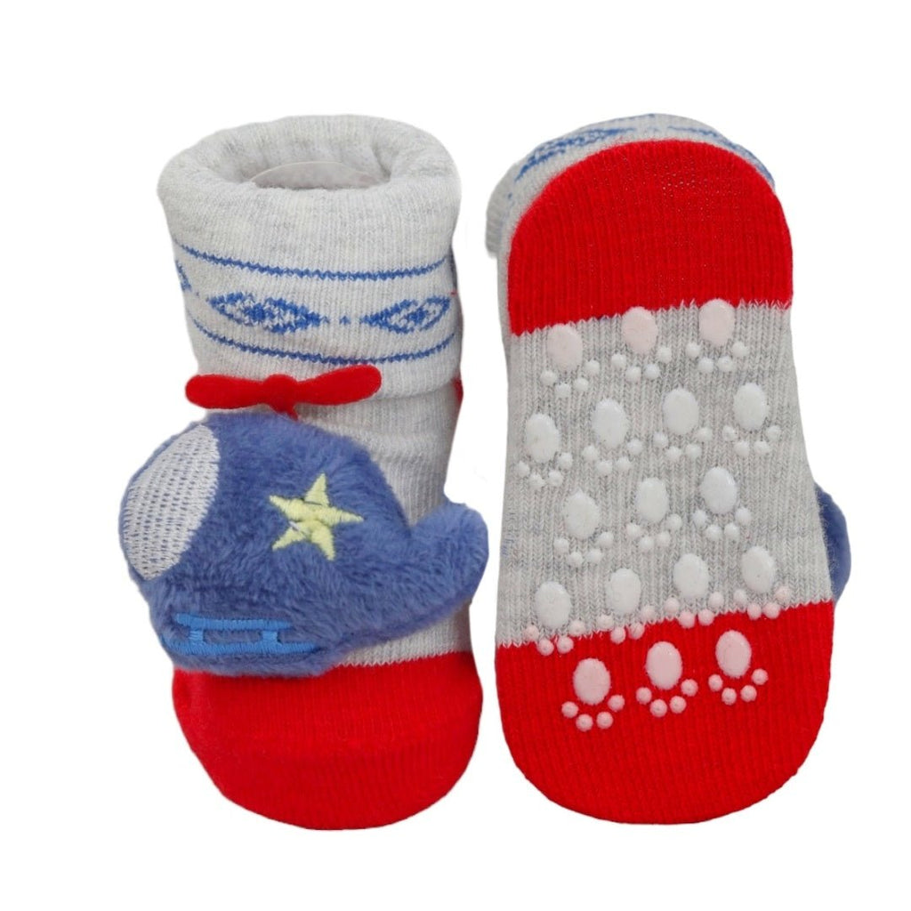 Set of baby socks designed with monkey and helicopter plush toys, ideal for gifting