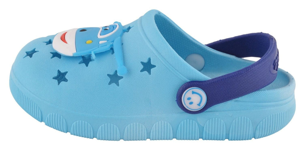 Side View of Boys' Light Blue Helicopter Clogs