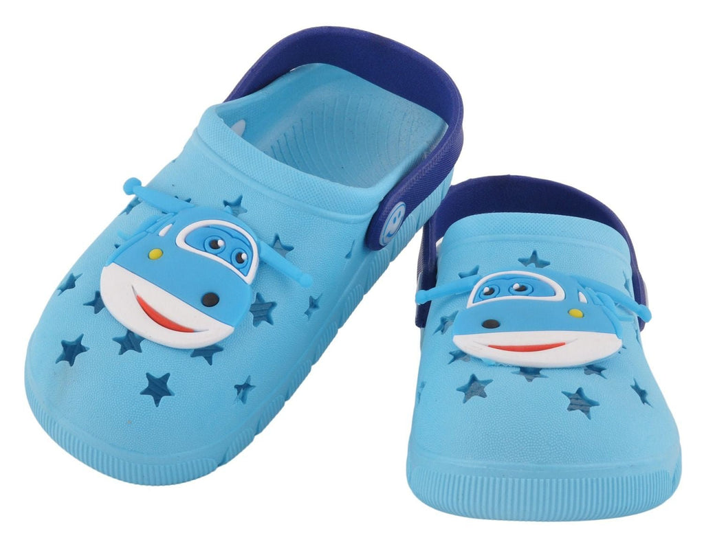 Full View of Boys' Light Blue Helicopter Clogs Pair