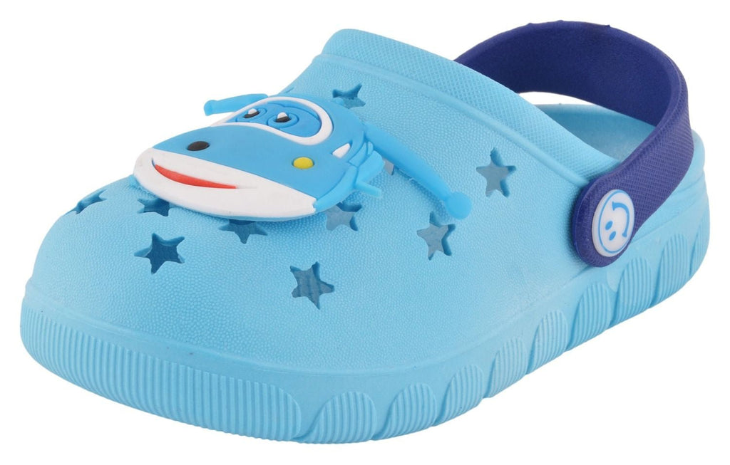Angle View of Boys' Light Blue Helicopter Clogs