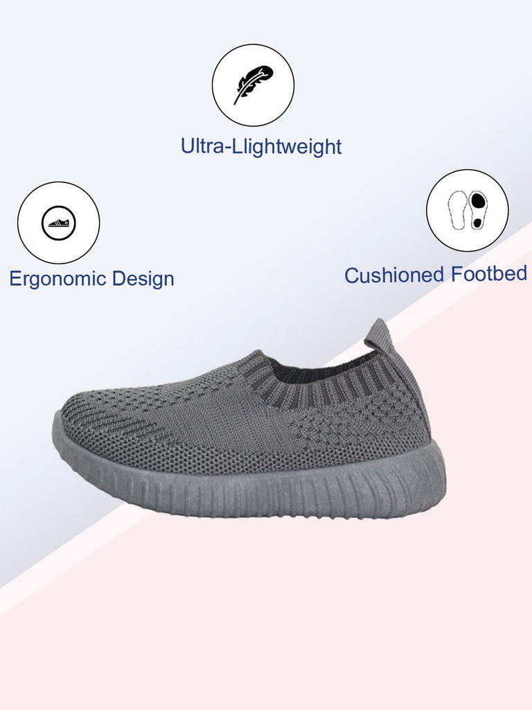 Grey slip-on sneakers featuring ultra-lightweight design, ergonomic fit, and cushioned footbed