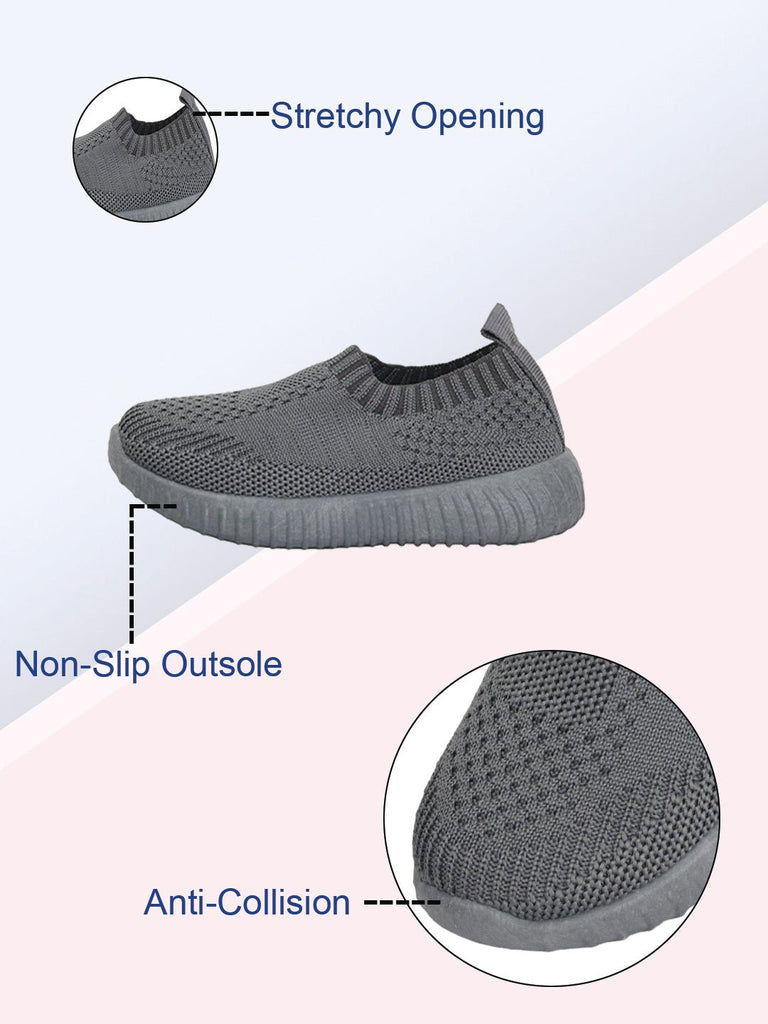 Infographic showing the non-slip outsole and anti-collision toe of grey knit slip-on sneakers.