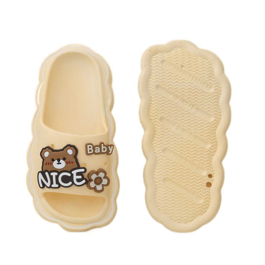 Top and Sole View of Snuggly Baby Bear Beige Slides with Anti-Slip Design