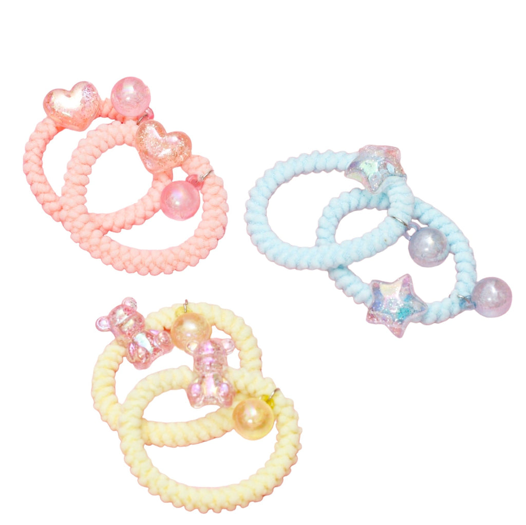 Yellow Bee soft braided rubber bands with pearls designs.