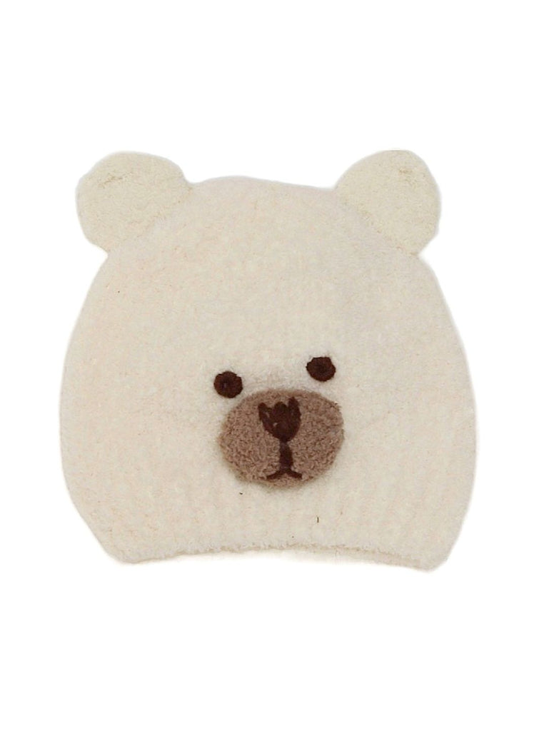 Front view of the boys' white bear beanie, highlighting the detailed face and ear design.