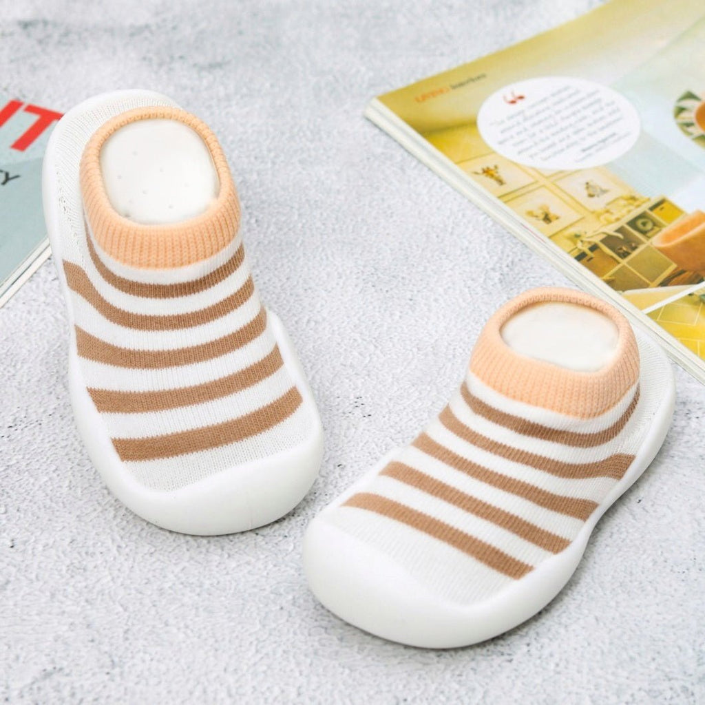Cozy White and Beige Striped Sock Shoes by Yellow Bee