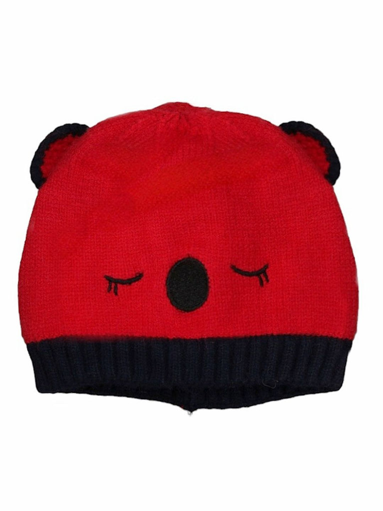 Front view of a red knitted beanie with teddy ears and navy trim for boys.