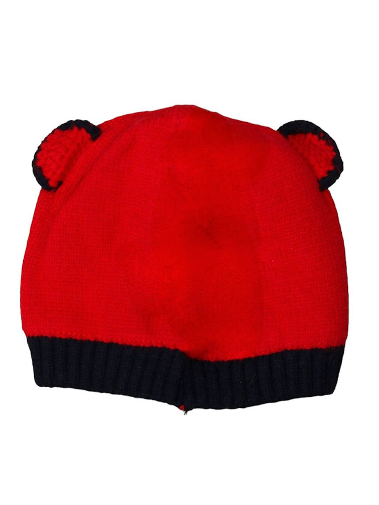 Red and navy solid knitted beanie with adorable teddy ears for infant boys.