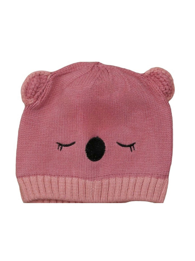 Front view of dark pink teddy ear knitted beanie for infant girls.